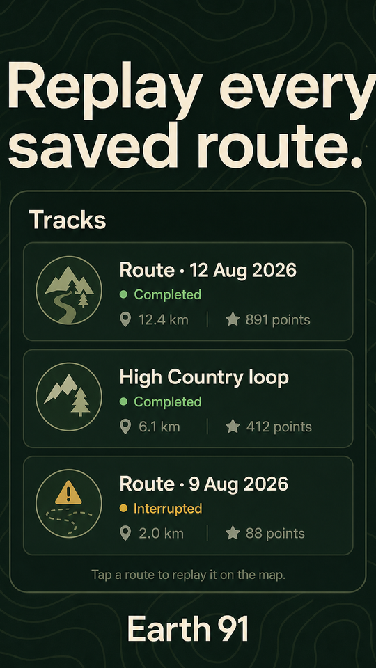 Saved GPS tracks listed with replay on the map